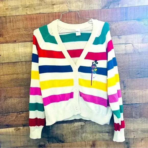 NWT Unisex Disney 100 Striped Mickey Graphic Button Up Cardigan - Picture 2 of 9